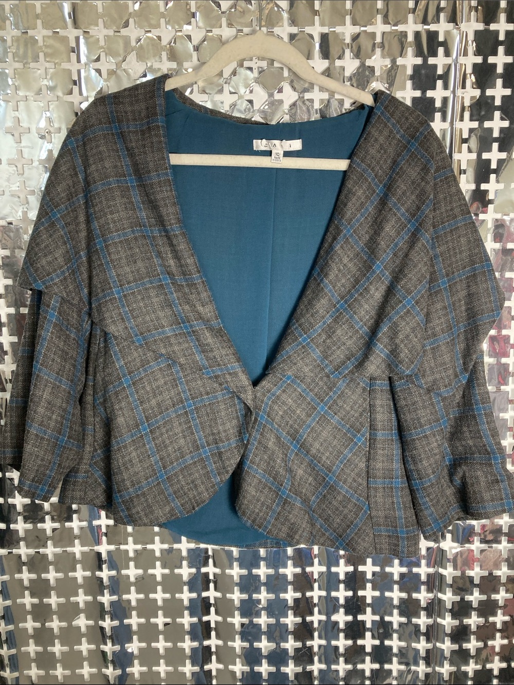 CAbi Gray Plaid Open-Front Cape with Blue Windowpane